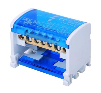 Verdeelblok 2-rails 125A 500V DIN-rail UK 207 blauw 01