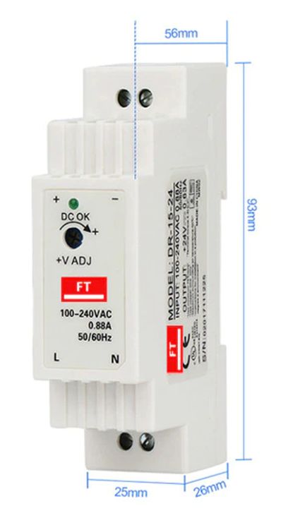 Voeding 5V 3A DIN rail DR-15-5 afmetingen