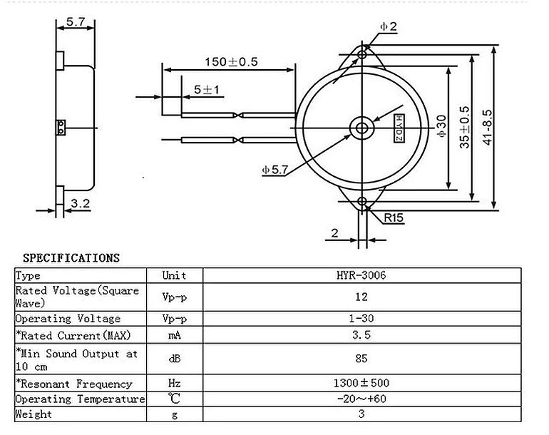 Buzzer HYR-3006 afmetingen