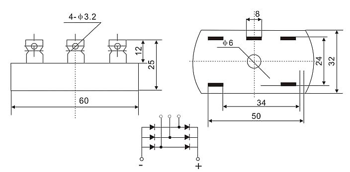 Gelijkrichterbrug 3-fasen 50A 1200V SQL50A afmetingen