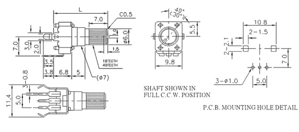 Potmeter linear verticaal RV09 PCB THT afmetingen