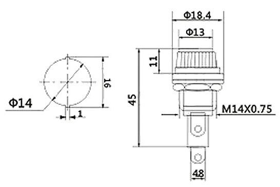 Zekering houder 6x32mm inbouw zwart afmetingen