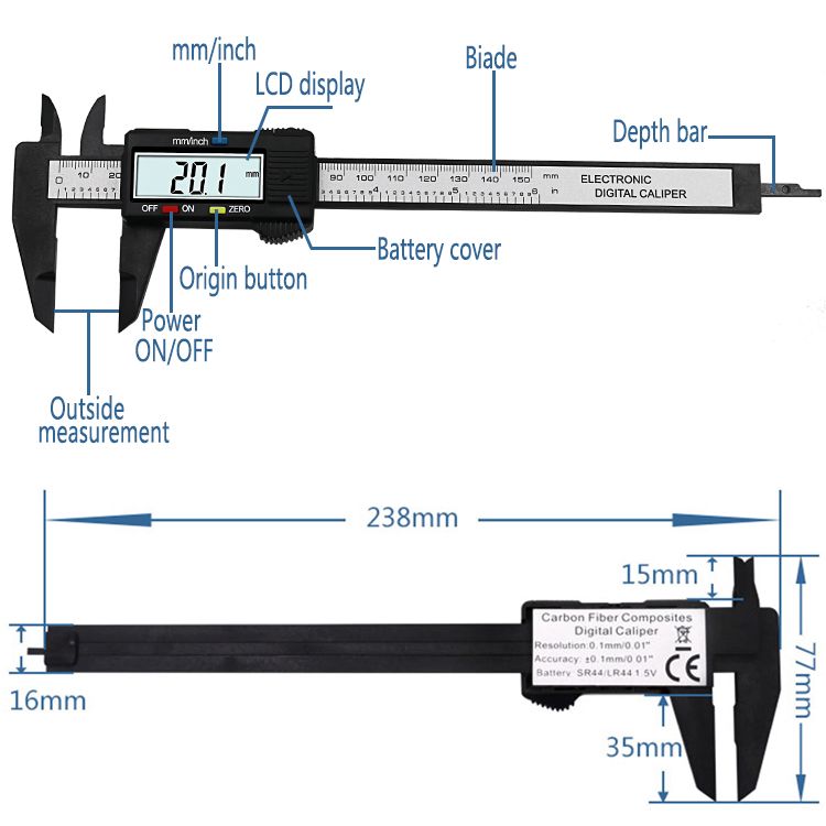 Digitale schuifmaat 15cm carbon fiber zwart 04