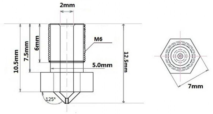 Nozzle V5-V6 schroefdraad M6 afmetingen