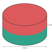 Magneet Nd schijf d3 mm, hoogte 2mm afmetingen