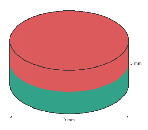 Magneet Nd schijf d9 mm, hoogte 5mm afmetingen