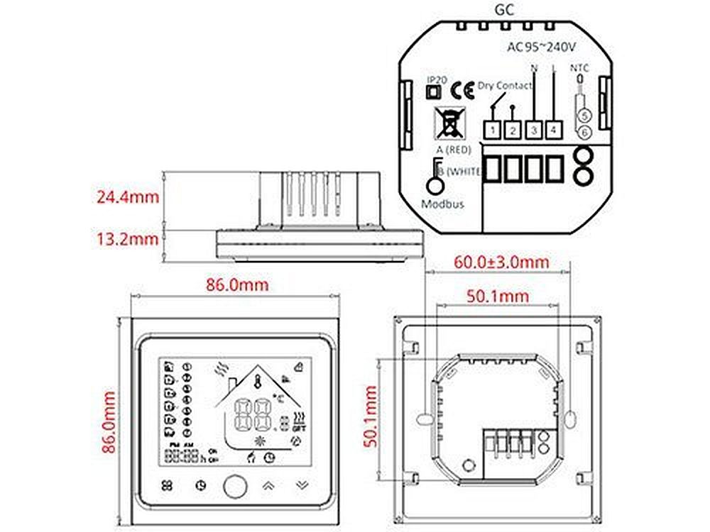 Thermostaat BHT-002GCL wit MOES afmetingen