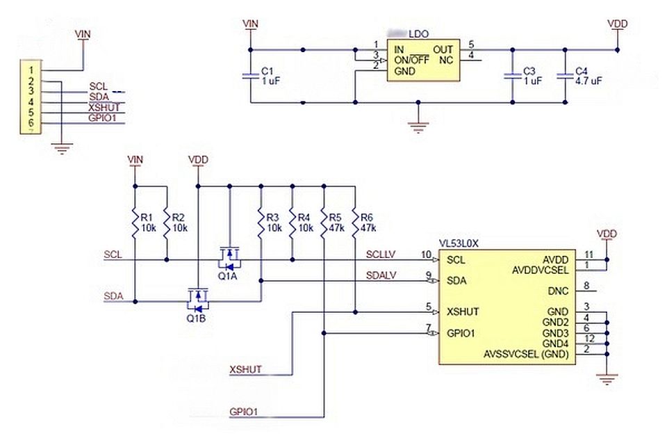 Time-of-Flight (ToF) Laser Ranging sensor I2C VL53L0X schema