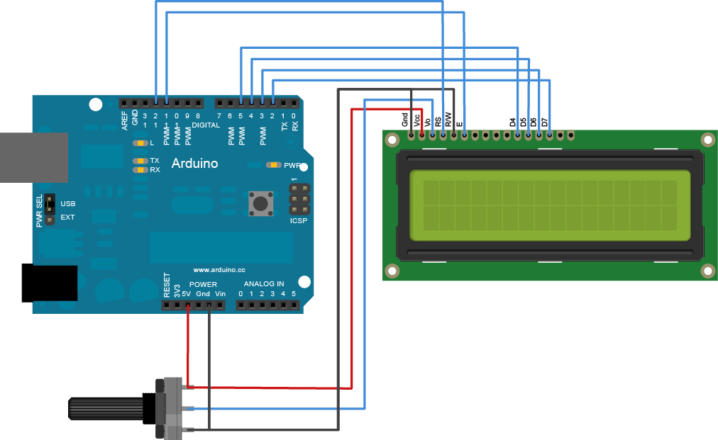 Display LCD 16x2 karakters module (zwart op groen) arduino schema