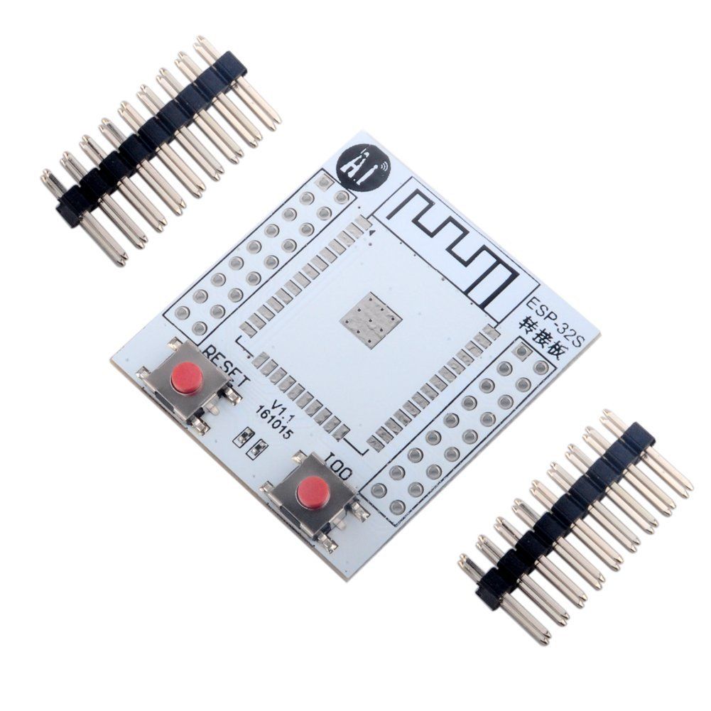 ESP32 WiFi module adapter plaat met knoppen en header pins bovenkant schuin met pinheaders