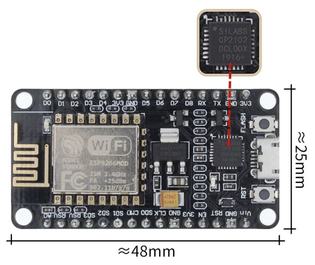 ESP8266 NodeMcu CP2102 Amica afmetingen