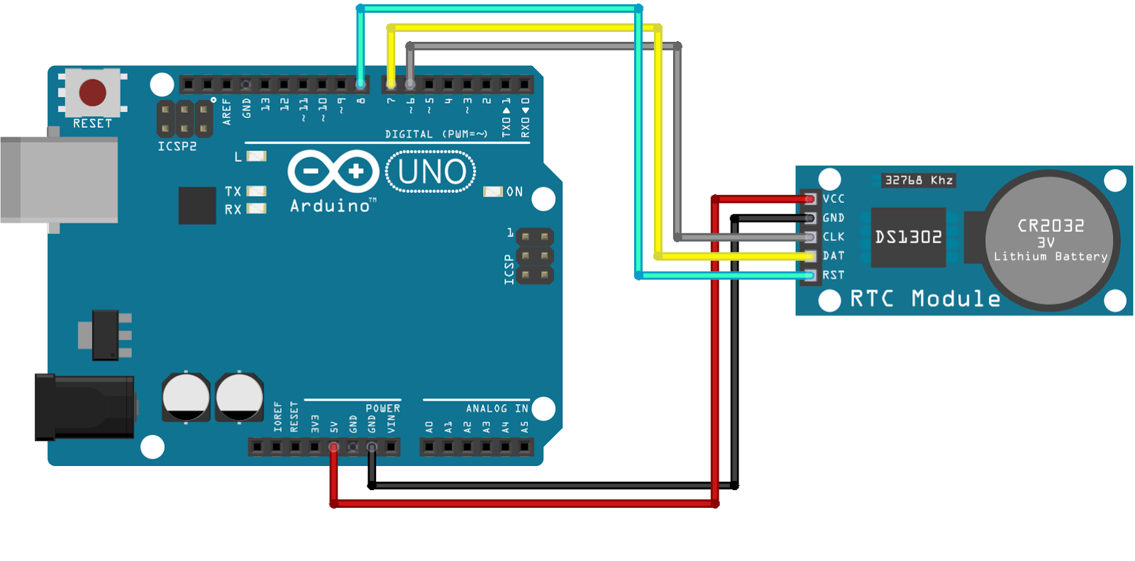 Tijdklok RTC DS1302 met CR1220 batterij schema arduino