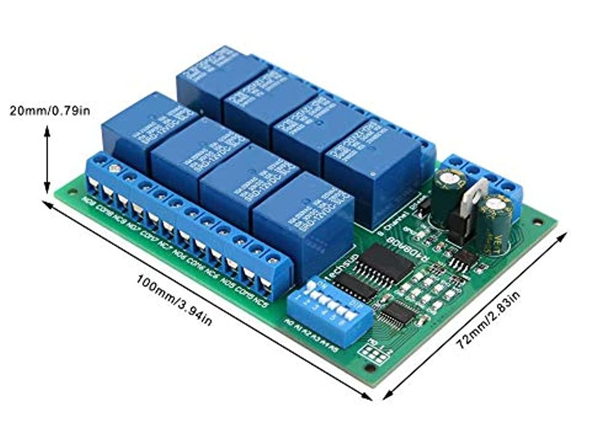 Modbus RS485 Relais module 12V, 8x250V10A NO-NC R4D8A08 afmetingen