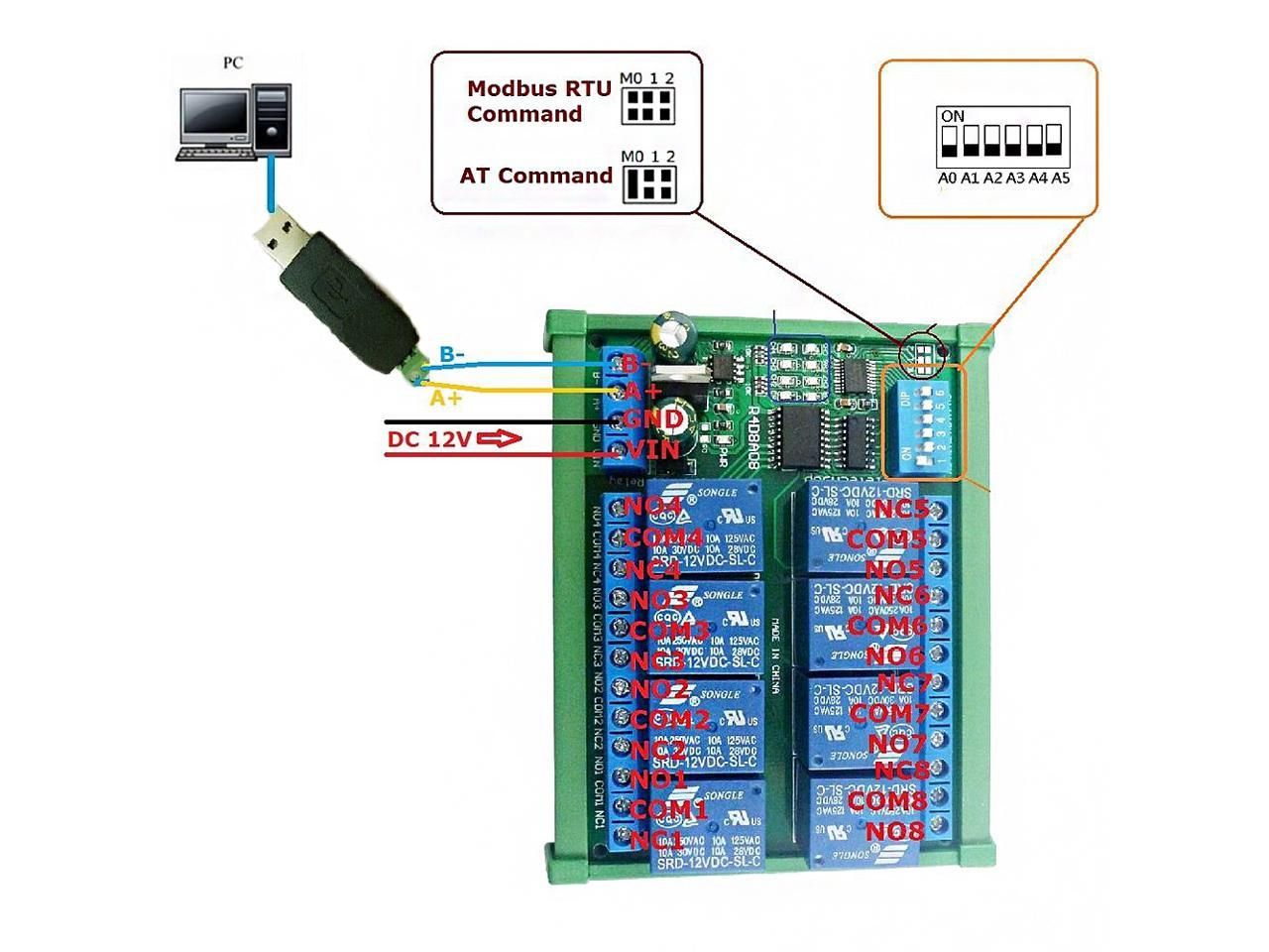 Modbus RS485 Relais module 12V, 8x250V10A NO-NC R4D8A08 pinout