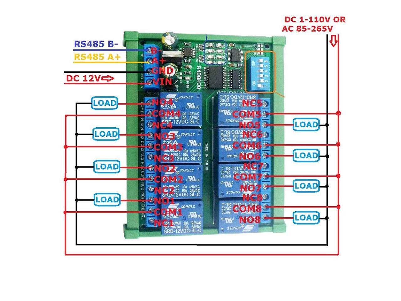 Modbus RS485 Relais module 12V, 8x250V10A NO-NC R4D8A08 pinout2