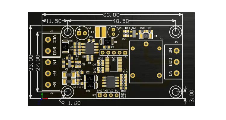 Modbus RS485 RTU Relais module 5V 1x250V-10A afmetingen