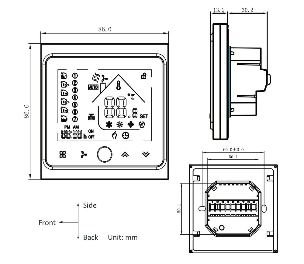 Modbus RS485 RTU Thermostaat BHT-002GCLN afmetingen