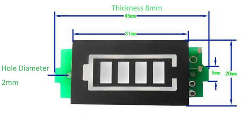 Accu Li-Ion Li-Po batterij voltage indicator segment display afmetingen