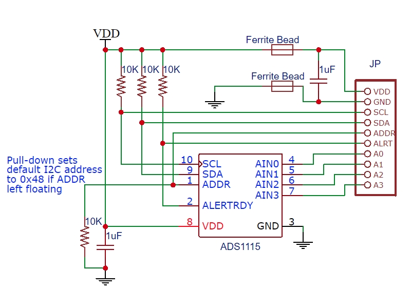 ADC 16-bit 4 kanalen I2C (ADS1115) schema