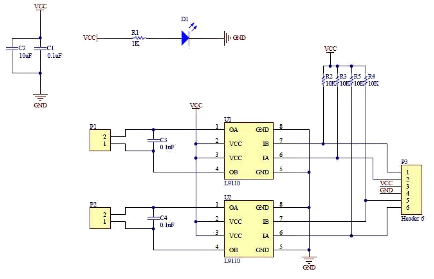 DC motor of stappenmotor aansturingsmodule L9110 schema