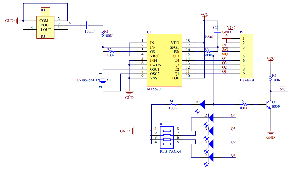 DTMF decoder module met MT8870 chip schema