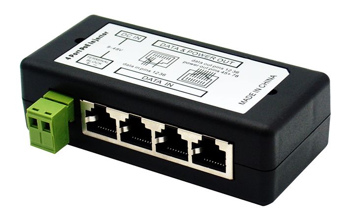 Ethernet LAN PoE injector 9-48V DC met 4 poorten Ethernet LAN PoE injector 9-48V DC met 4 poorten