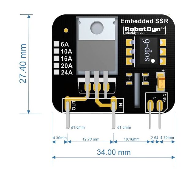 Relais Solid State module 3-32v, 1xNO 16A 600V SSR-AC embedded afmetingen