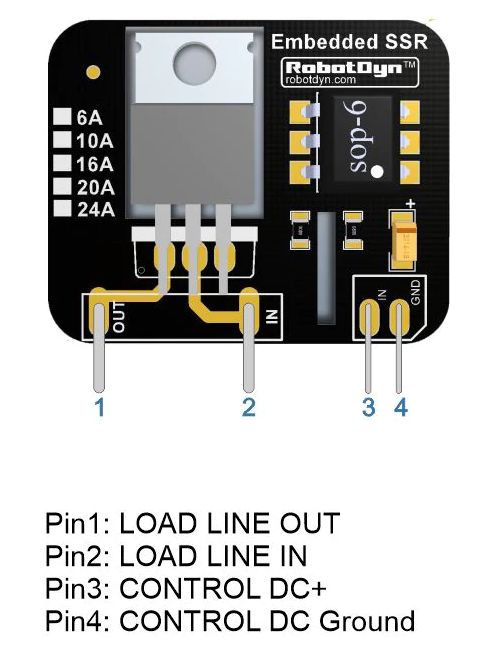 Relais Solid State module 3-32v, 1xNO 16A 600V SSR-AC embedded pinout