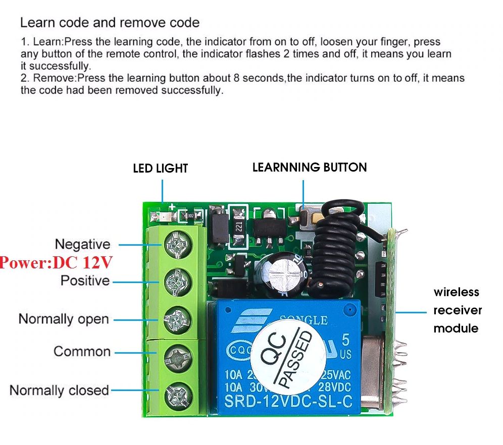 RF 433MHz Relais module 12V 1x250V-10A pinout