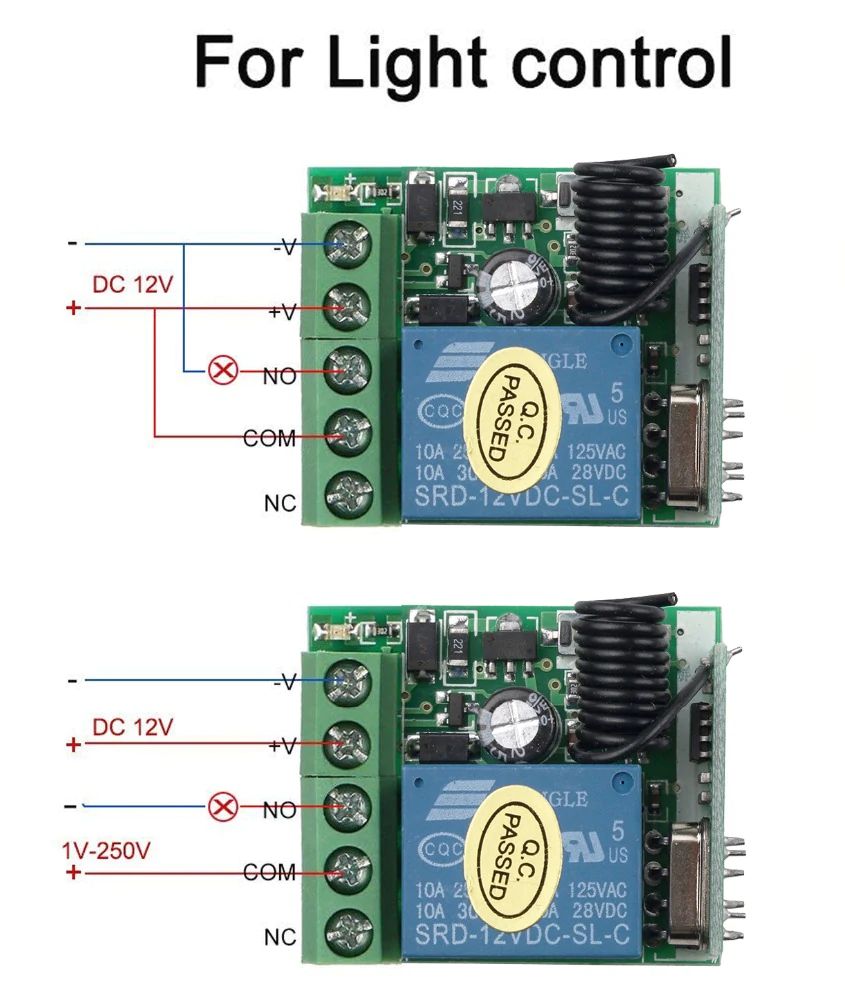 RF 433MHz Relais module 12V 1x250V-10A voorbeeld