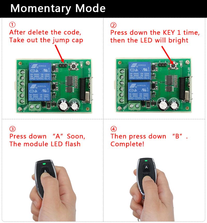 RF 433MHz Relais module 12V 2x250V-10A NO-NC met afstandsbediening A-B handleiding 02