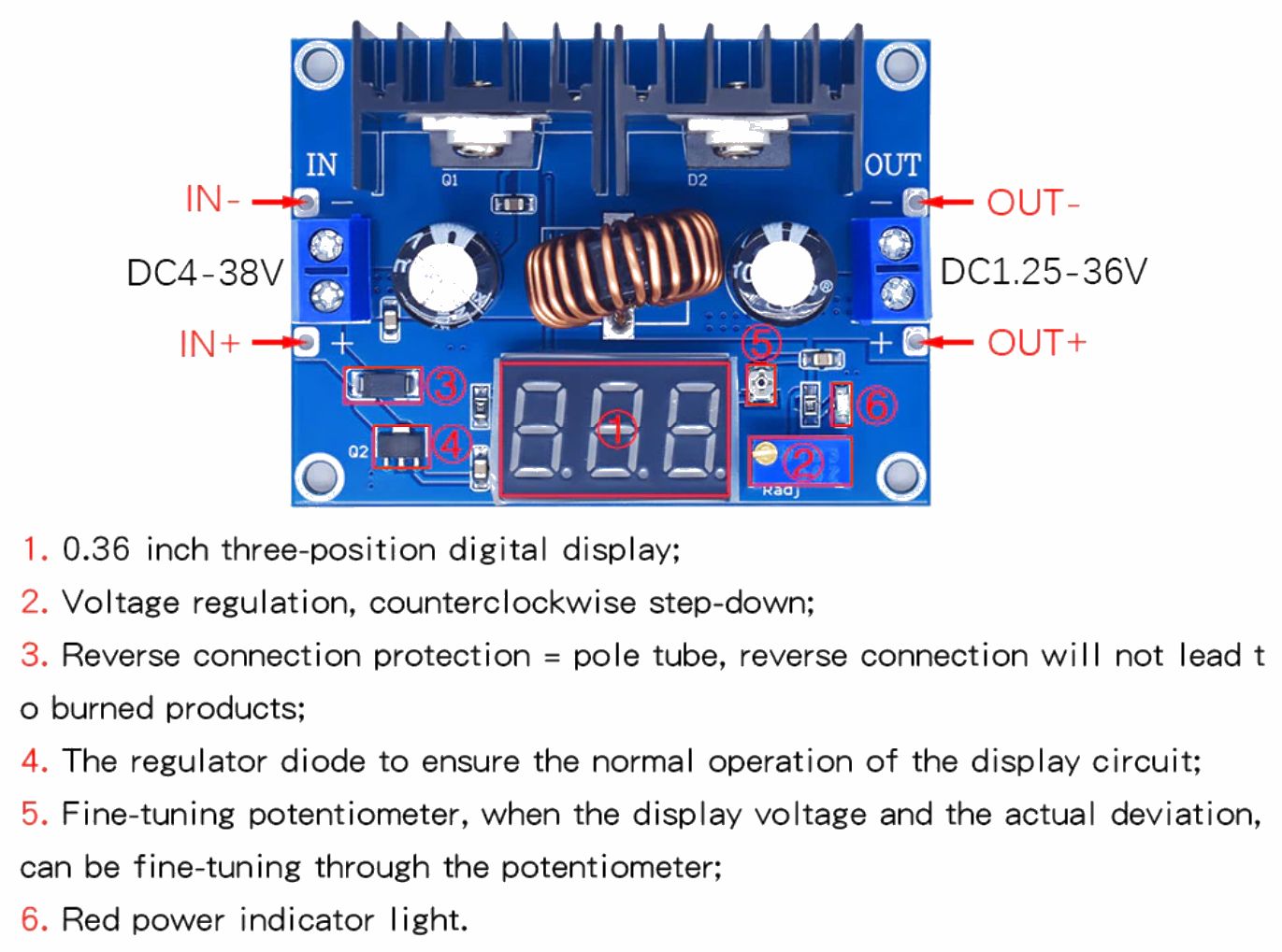 Spanningsregelaar module DC-DC step-down 8A 200W XL4016 pinout