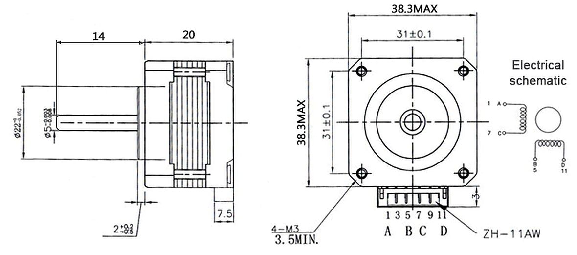 Stappenmotor 17HS08-10004S afmetingen