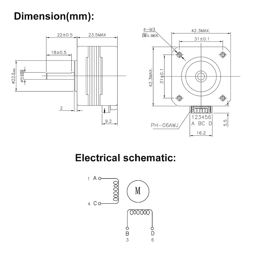 Stappenmotor NEMA17 17HS4023 afmetingen en pinout