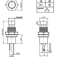 Drukknop Schakelaar 7mm terugverend 1A 250VAC rood PBS-110 afmetingen