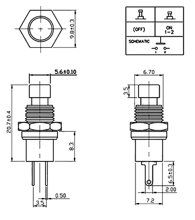 Drukknop Schakelaar 7mm terugverend 1A 250VAC rood PBS-110 afmetingen