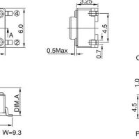 Micro Drukknop Schakelaar 6x6x5mm hoog 4-pins SMD afmetingen