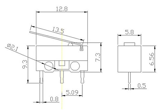 Microswitch 3-polig 1A 125VAC met lip KW-10 afmetingen