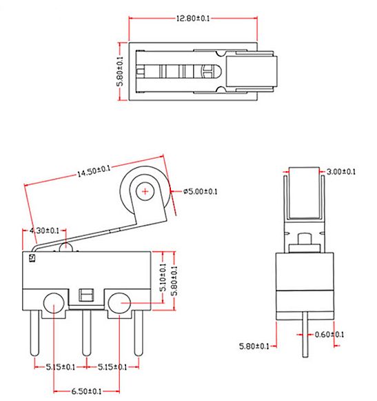 Microswitch 3-polig 1A 125VAC met roller KW-10 afmetingen