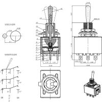 Tuimel Schakelaar 2-standen 9-pins 3PDT 2A 250VAC MTS-303 afmetingen