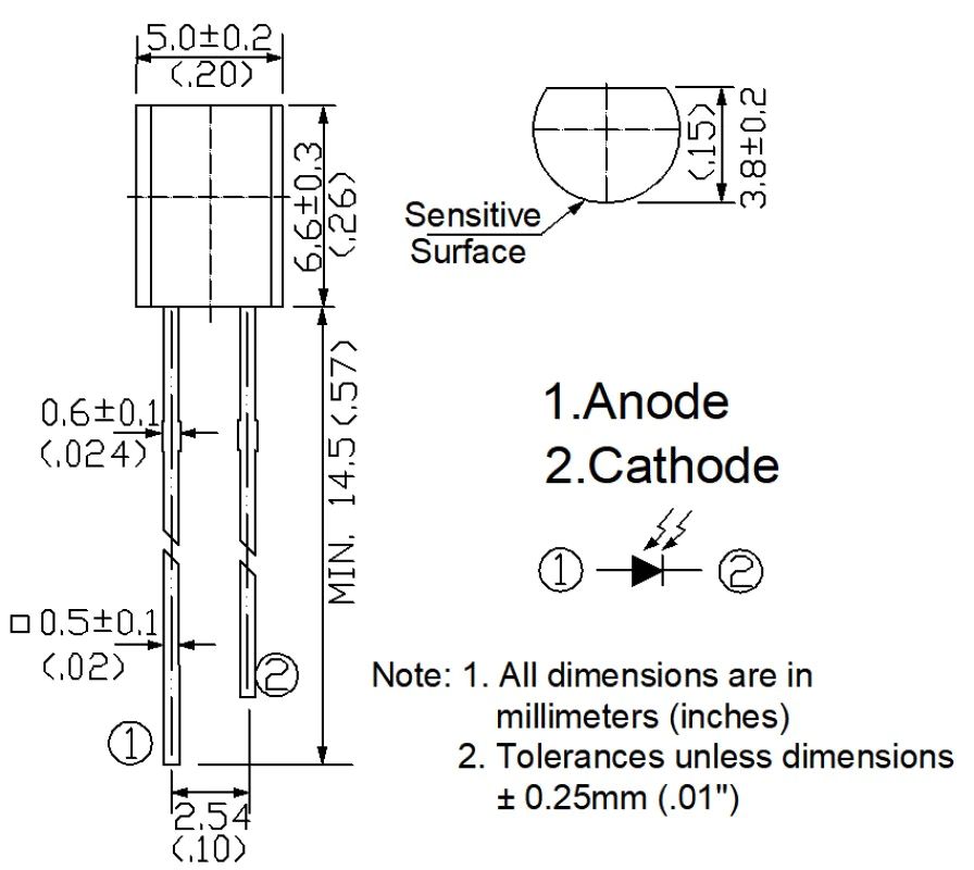 Fotodiode sensor rechthoek helder transparant SGPD538C9 afmetingen