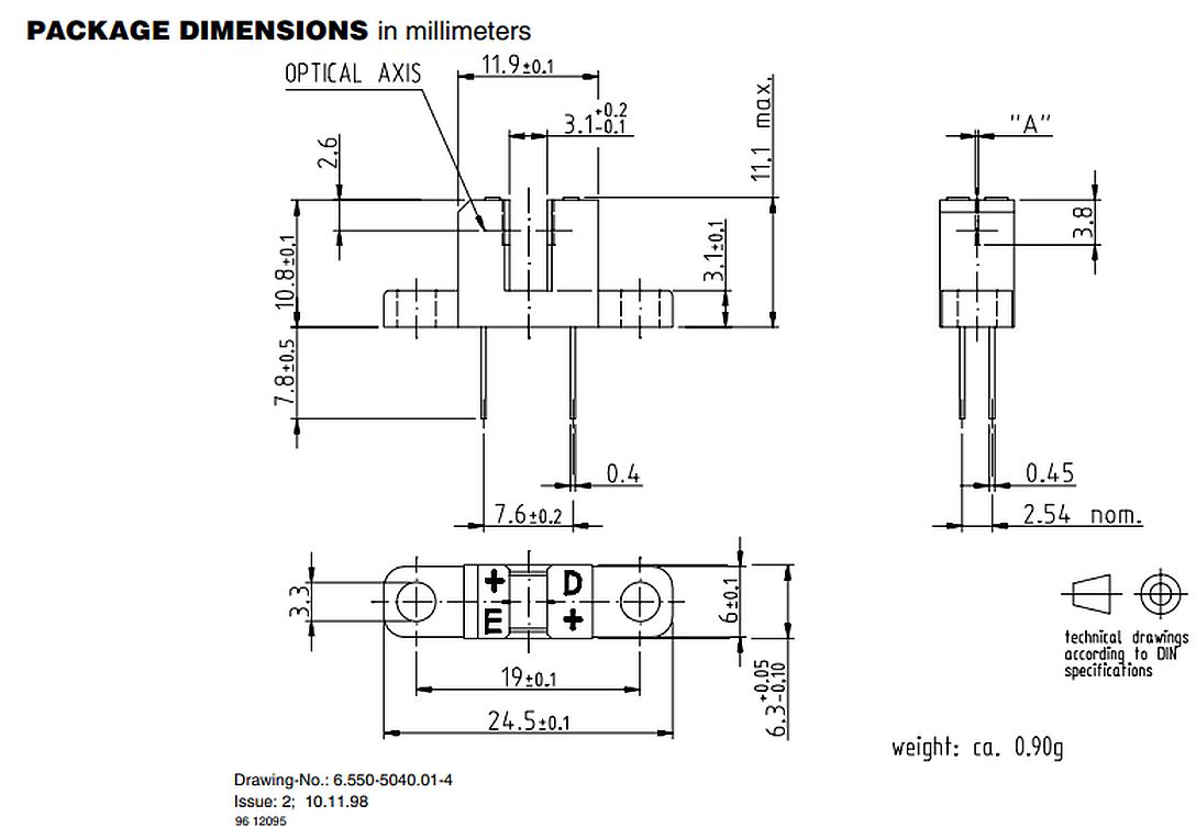 Infrarood lichtsluis sensor TCST2103 afmetingen