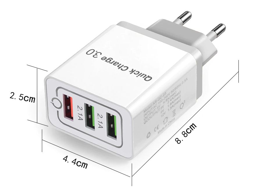 Adapter 5VDC 2A en quickcharge 3xUSB-A afmetingen